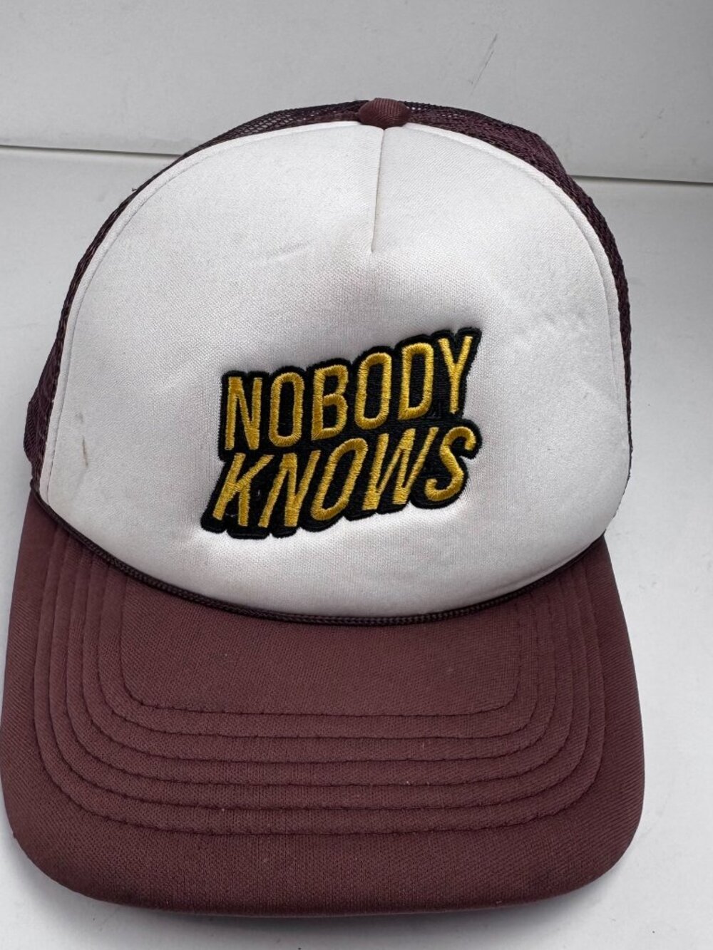 Vintage Nobody Knows Foam Trucker Hat Maroon White Mesh Snapback Cap Spellout